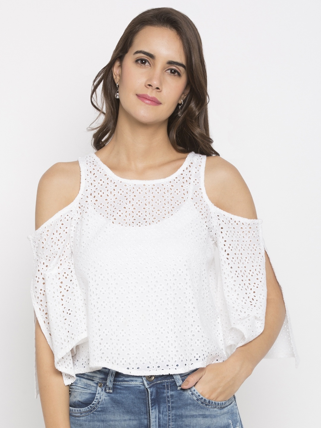 

Globus Women White Self Design Semi-Sheer Top