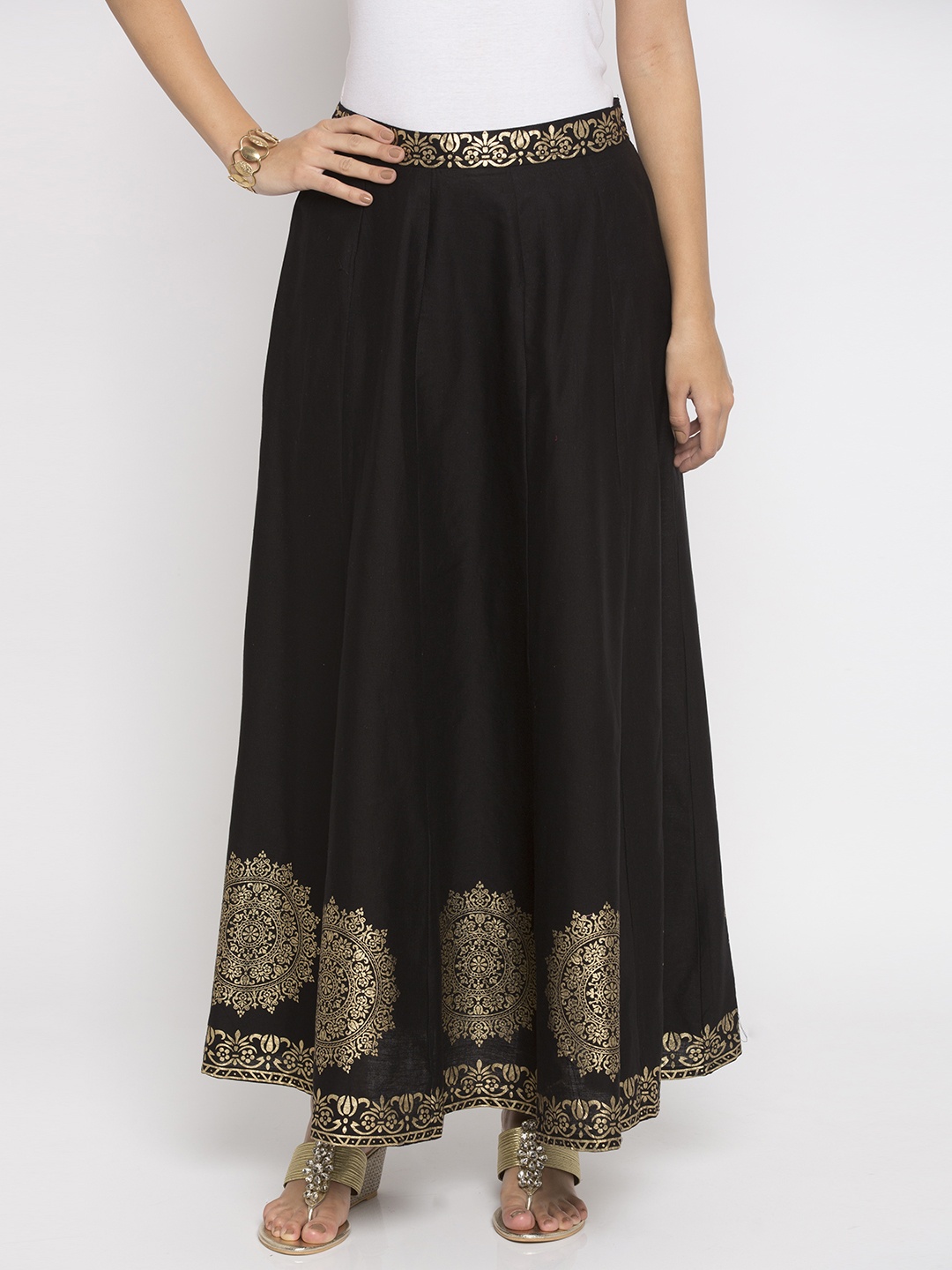 

Globus Black & Gold Block Printed Maxi Pure Cotton Skirt
