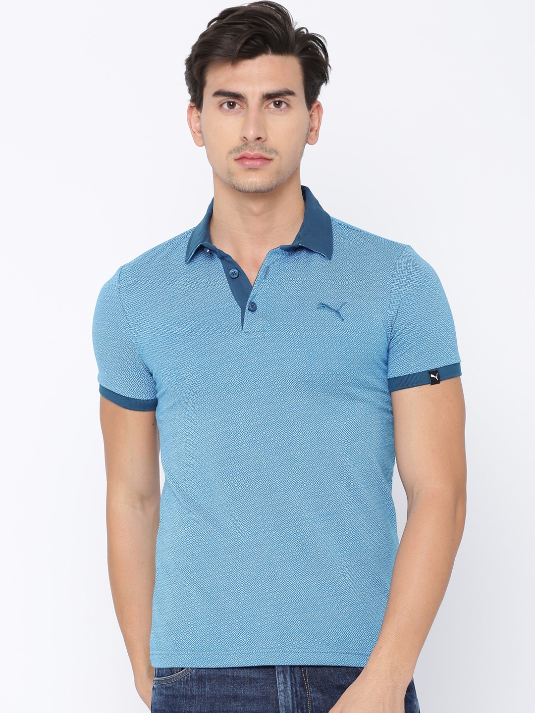 

Puma Men Blue Self Design Polo Collar T-shirt