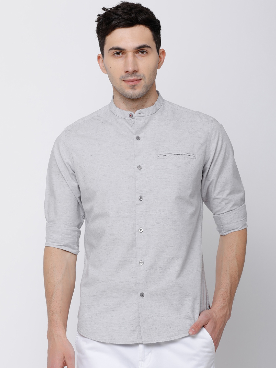 

Black coffee Men Grey Slim Fit Solid Casual Shirt