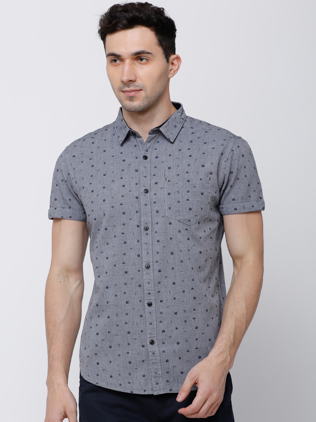 

LOCOMOTIVE Men Grey & Navy Blue Slim Fit Printed Casual Shirt