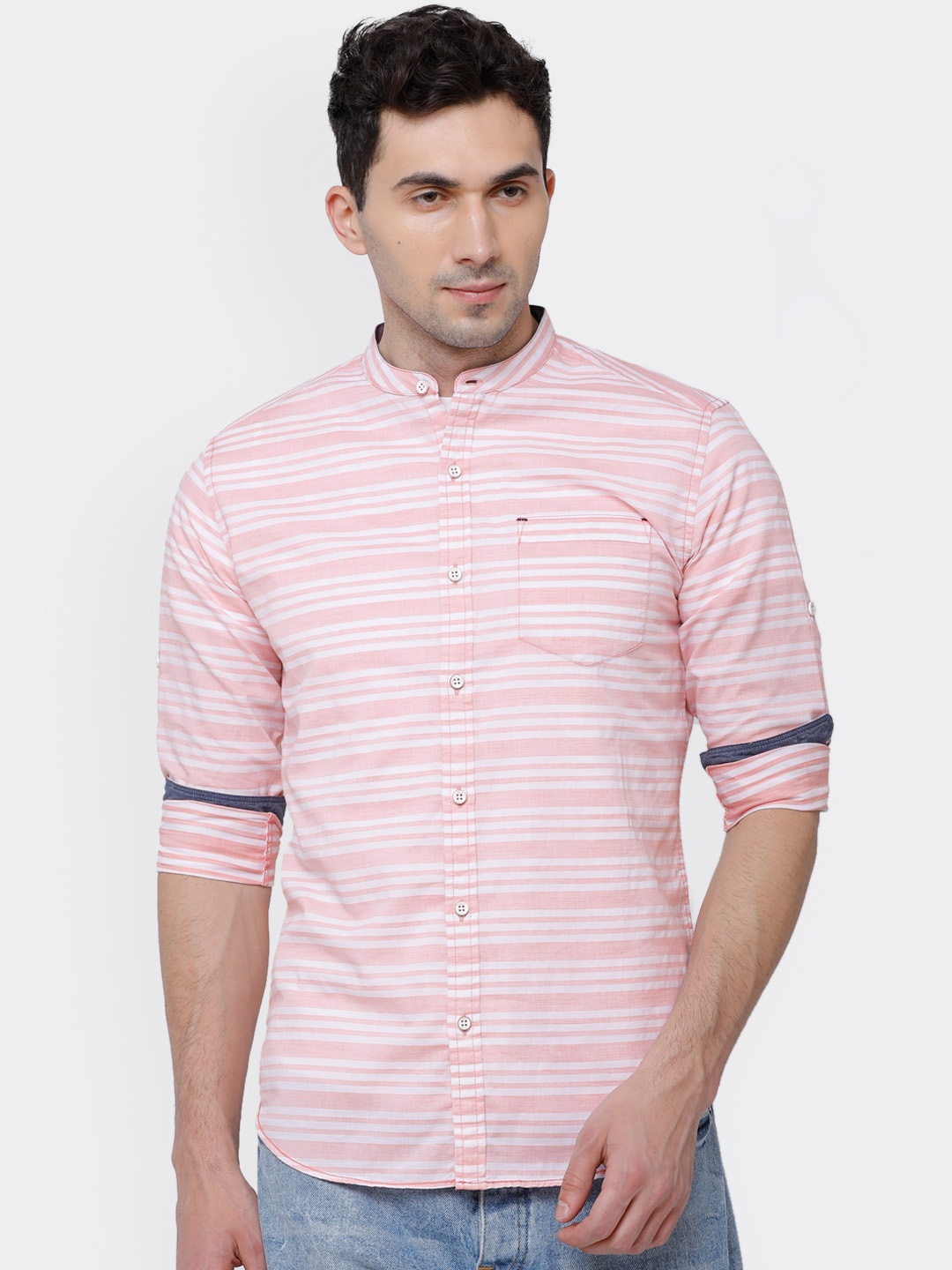 

LOCOMOTIVE Men Coral & White Slim Fit Striped Casual Shirt