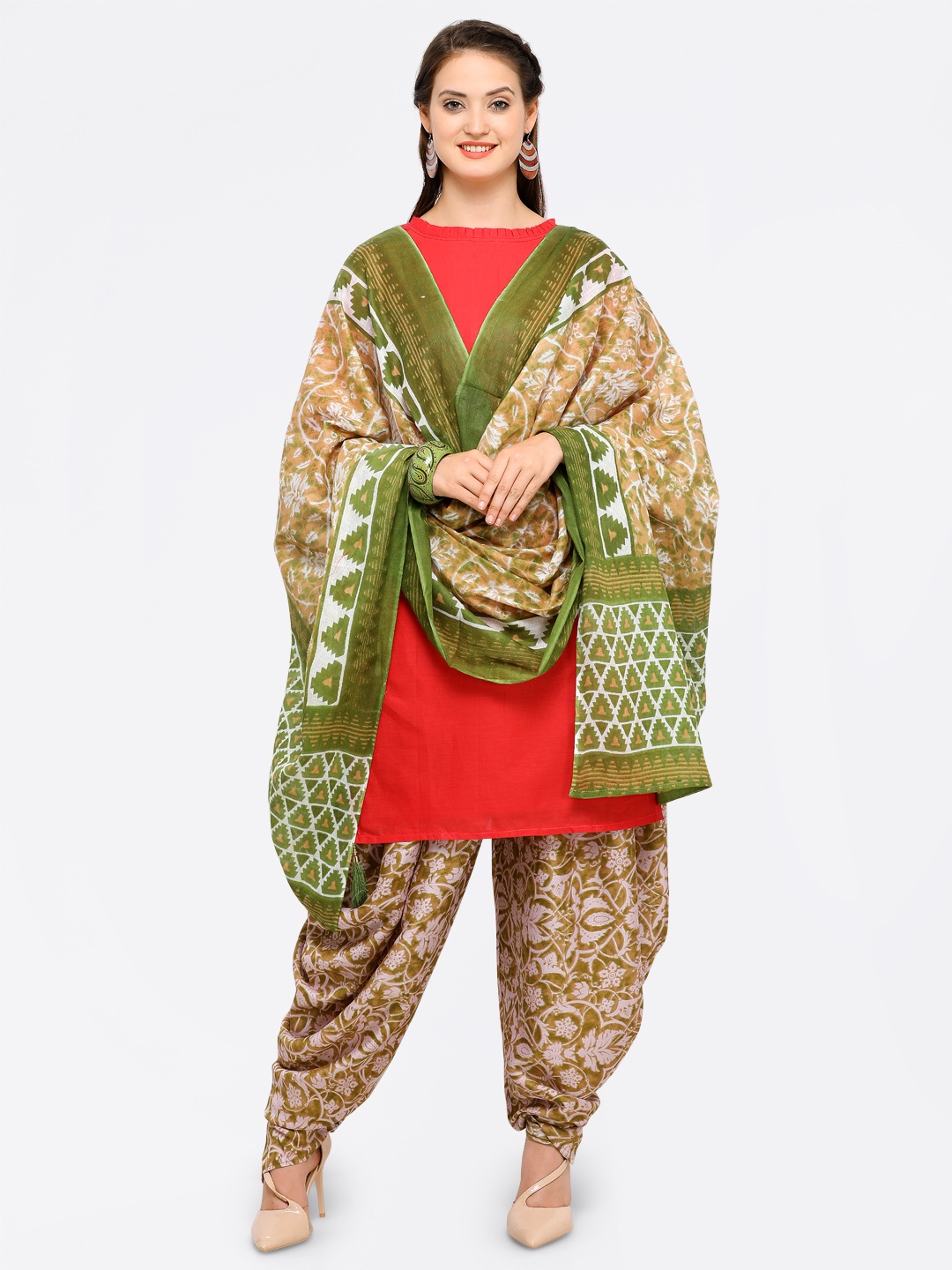

Saree mall Red & Green Cotton Blend Unstitched Dress Material