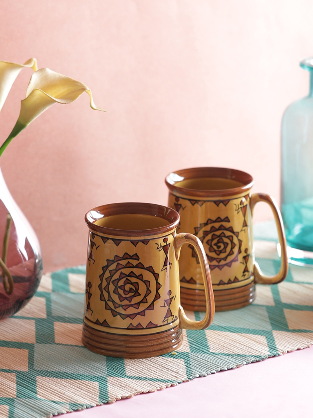 

VarEesha Brown 2 Pieces Warli Stoneware Milk Shake/ Beer Mugs Set