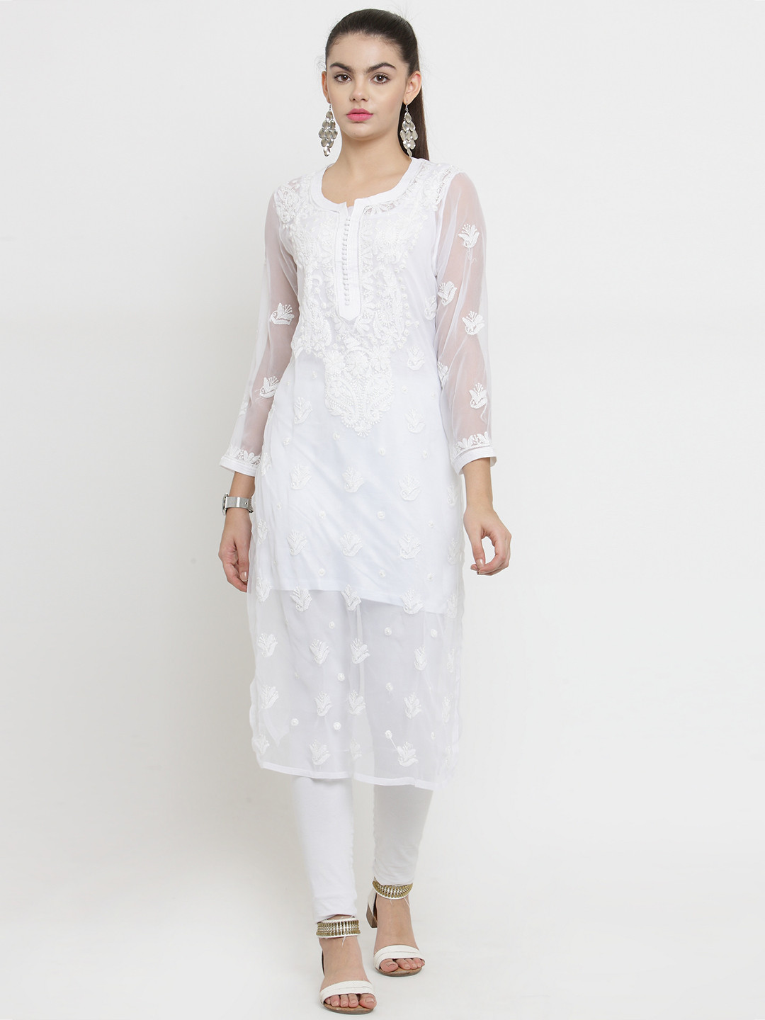 

Moedbuille Women White Handmade Chikankari Embroidered Straight Kurta