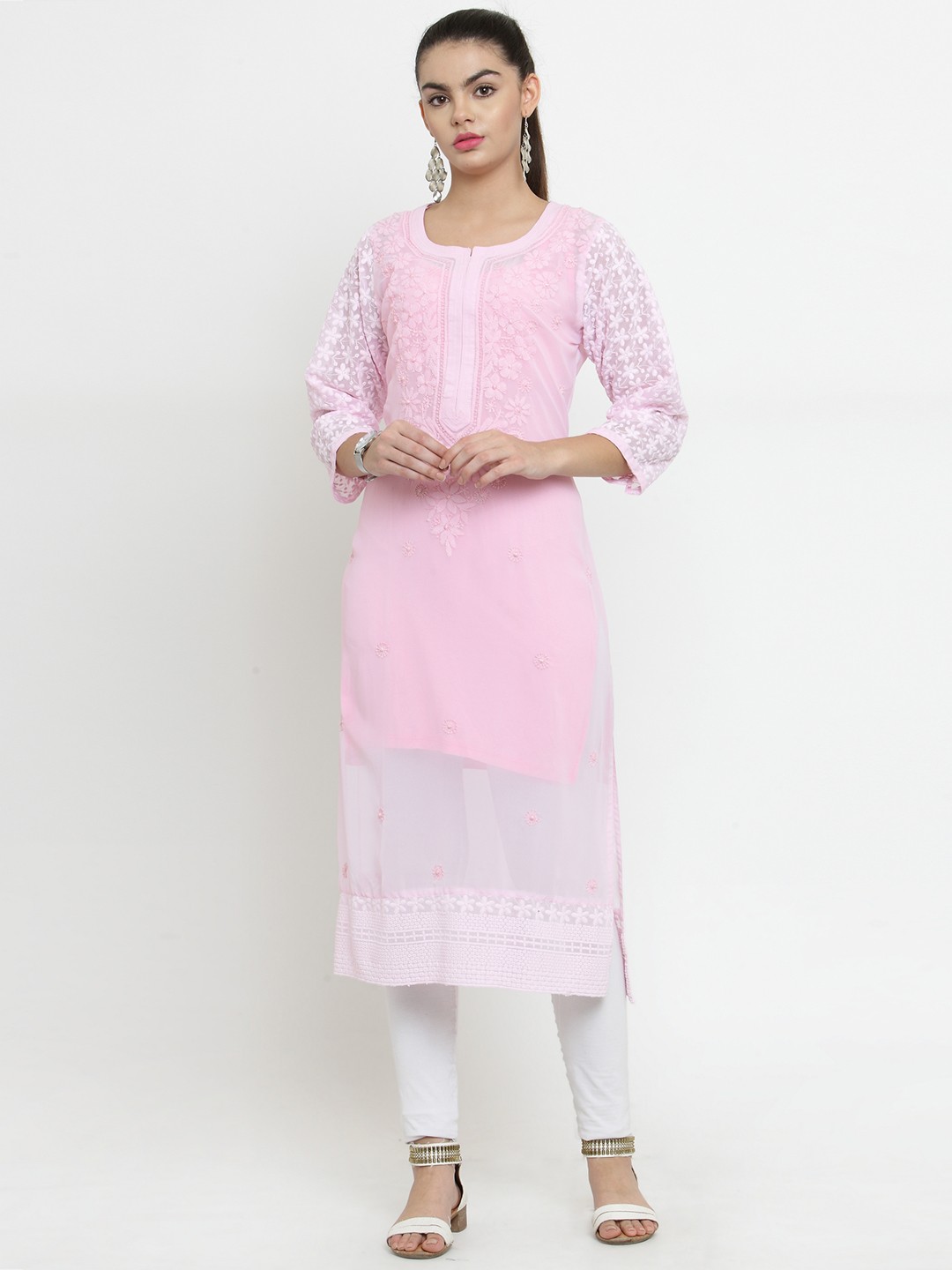 

Moedbuille Women Pink Handmade Chikankari Embroidered Straight Kurta