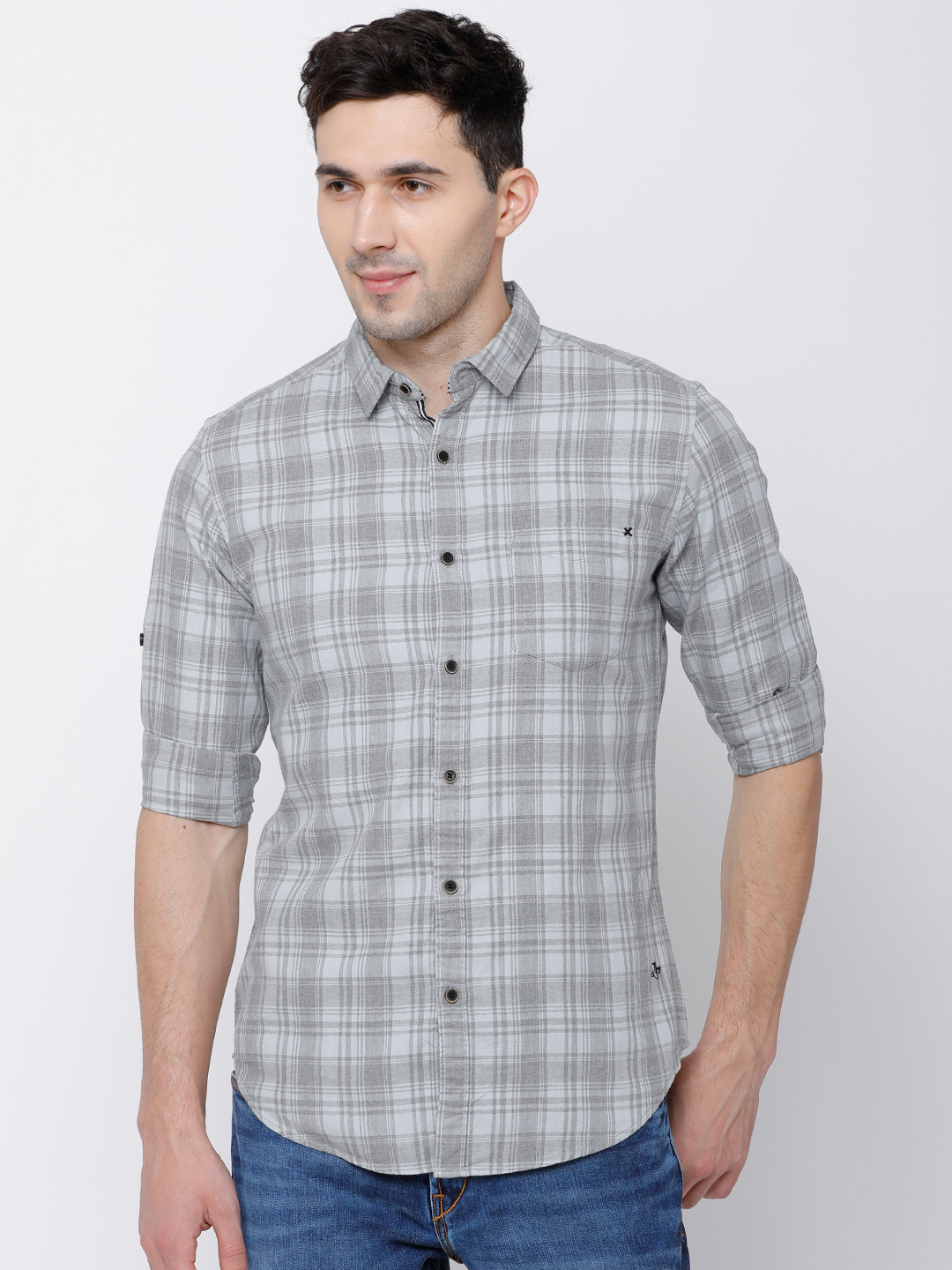 

LOCOMOTIVE Men Grey Slim Fit Checked Casual Shirt