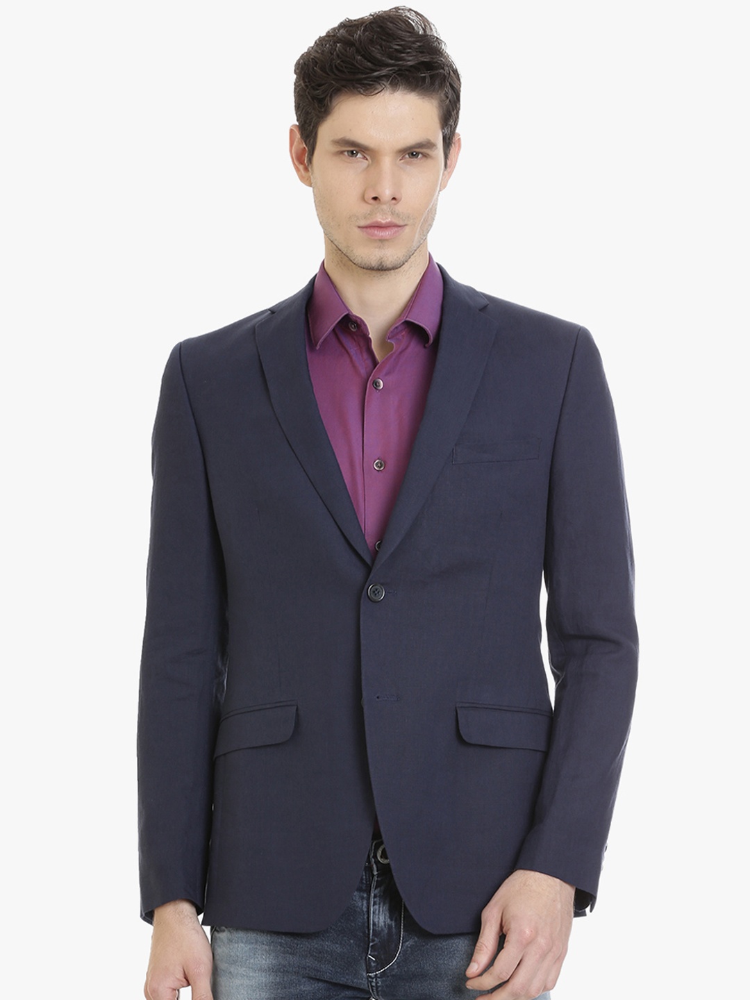 

SUITLTD Men Navy Blue Single Breasted Linen Casual Blazer