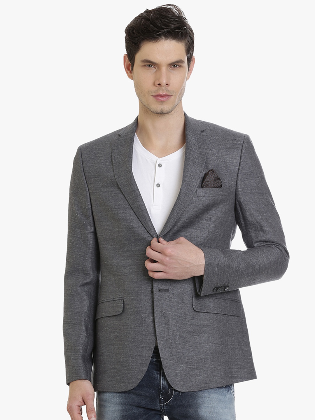 

SUITLTD Men Grey Solid Slim Fit Single Breasted Casual Linen Blazer