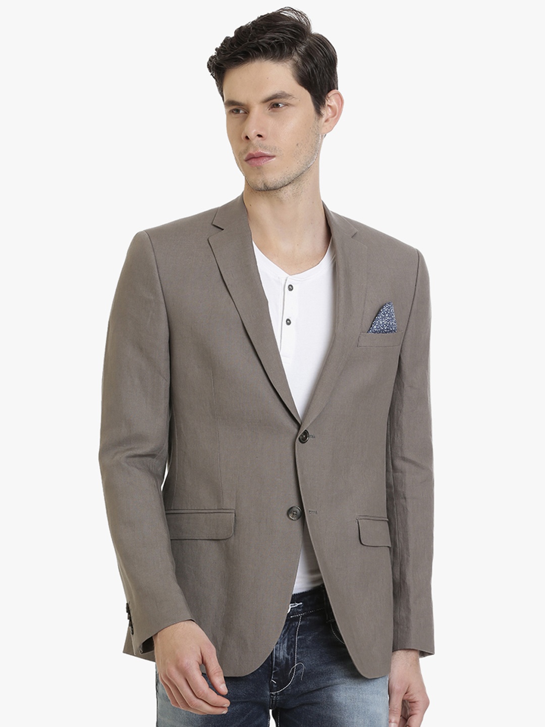 

SUITLTD Men Brown Solid Slim Fit Single Breasted Casual Linen Blazer