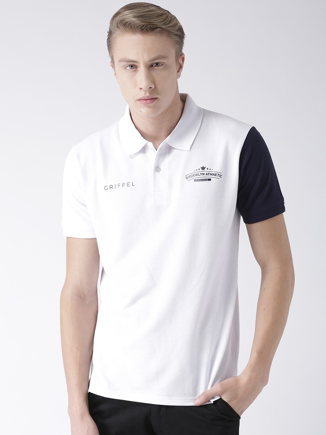 

GRIFFEL Men White & Navy Blue Colourblocked Polo Collar T-shirt