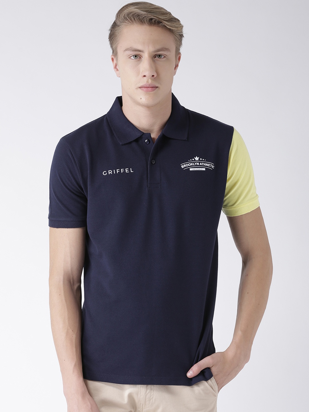 

GRIFFEL Men Navy Blue & Yellow Colourblocked Polo Collar T-shirt