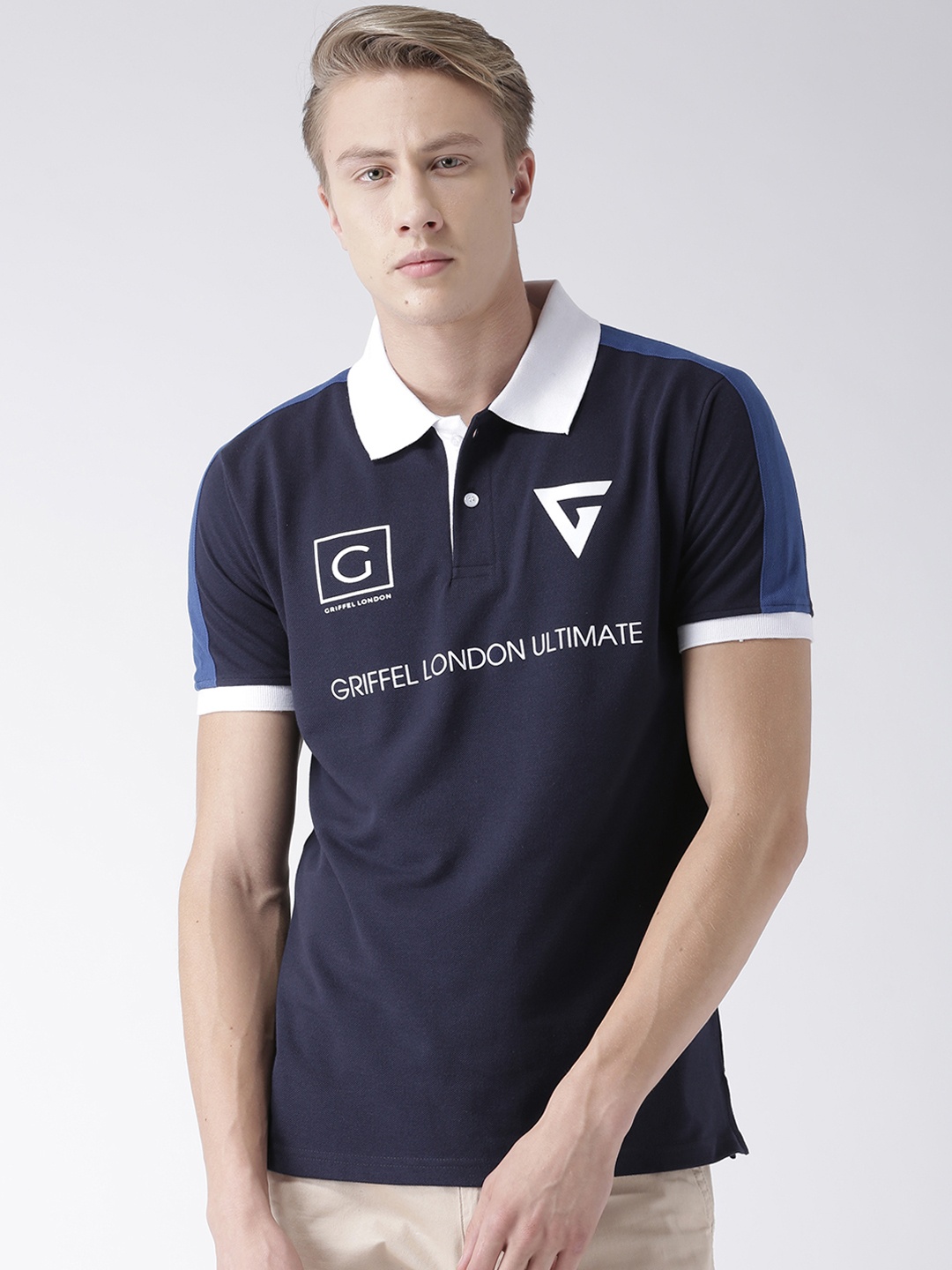 

GRIFFEL Men Navy Blue Printed Polo Collar T-shirt