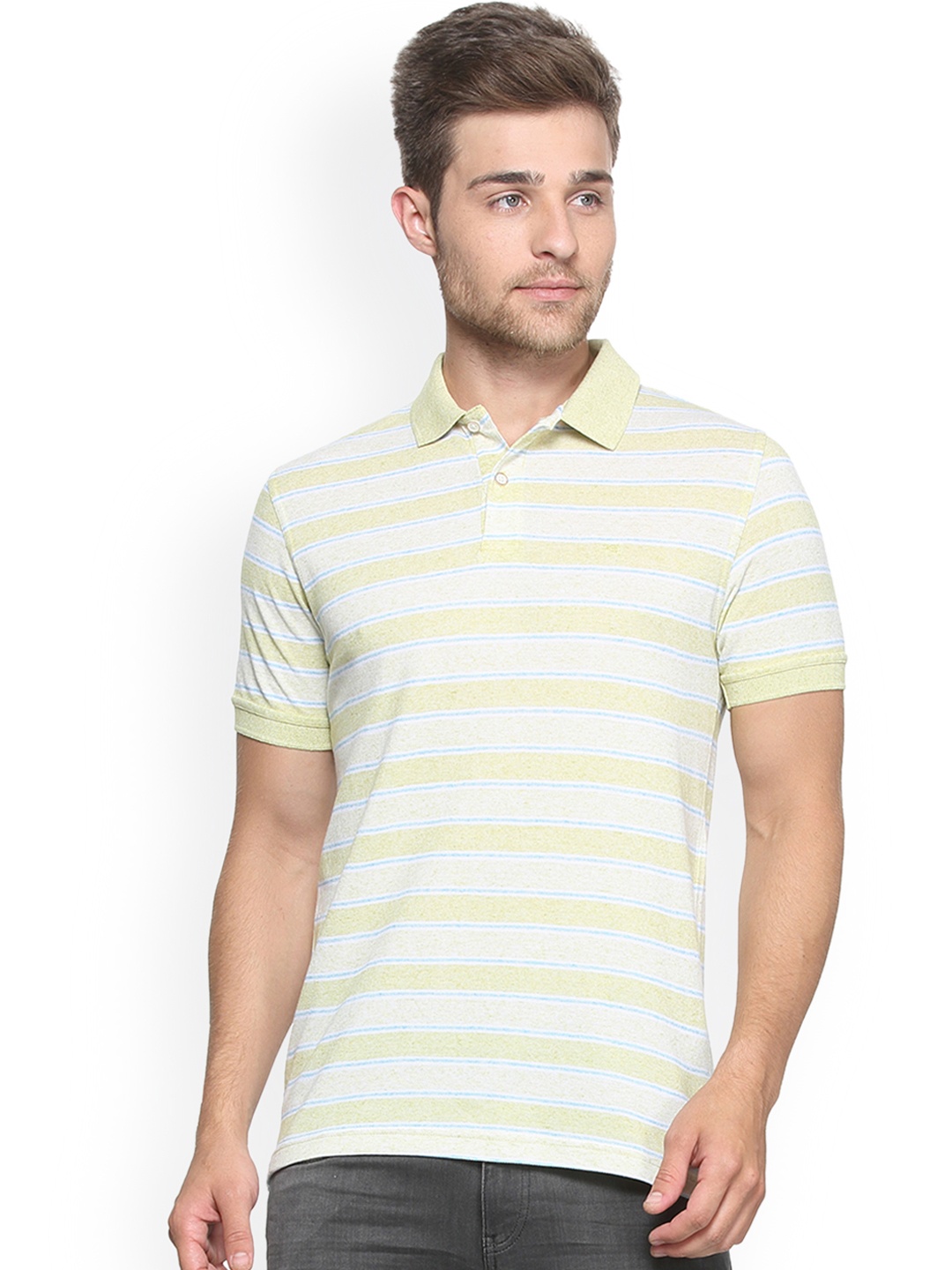 

Peter England Men Yellow Striped Polo Collar T-shirt