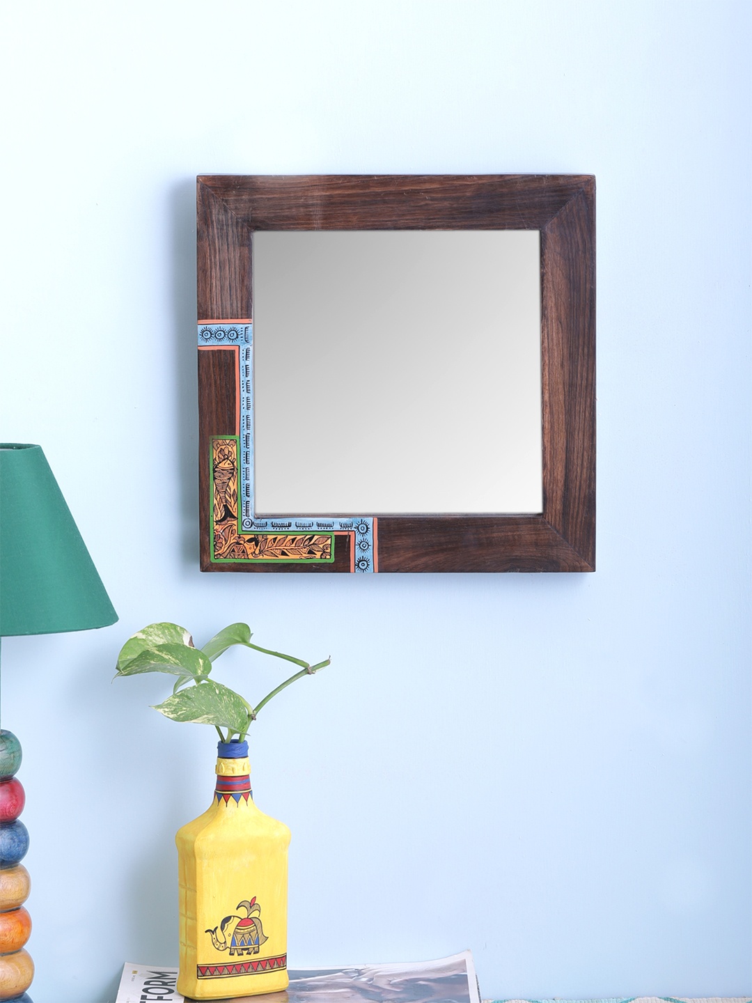 

VarEesha Brown Sheesham Wood Warli Square Mirror
