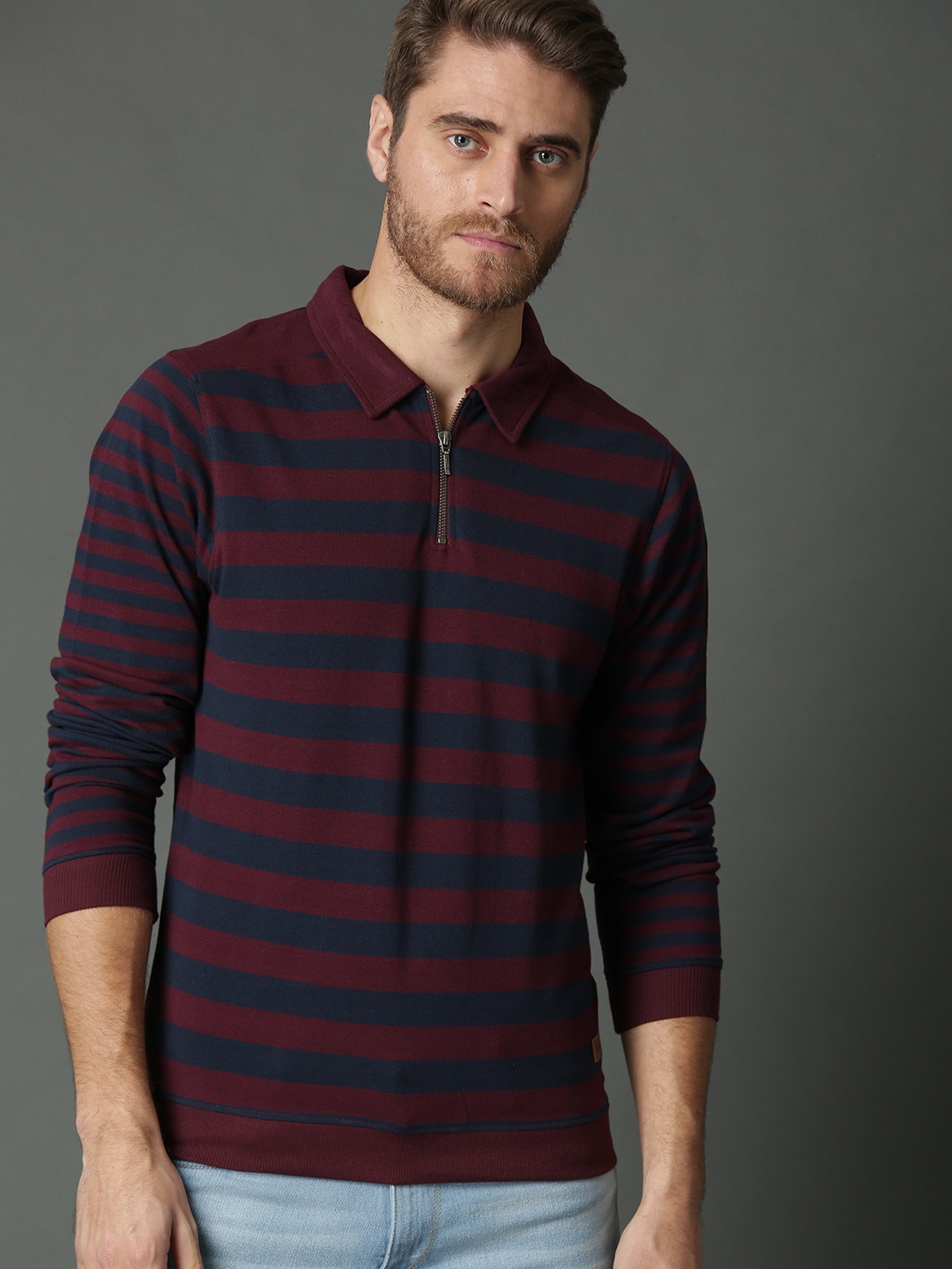 

Roadster Men Burgundy & Navy Blue Striped T-shirt