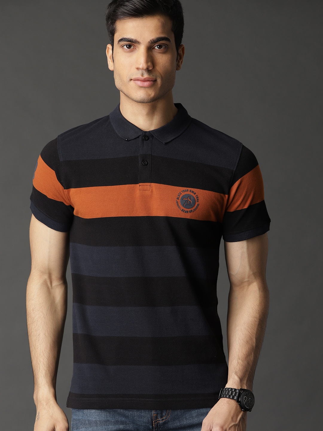 

Roadster Men Black Striped Polo Collar Pure Cotton T-shirt