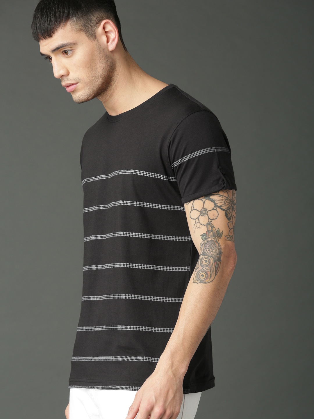 

Roadster Men Black Striped T-shirt