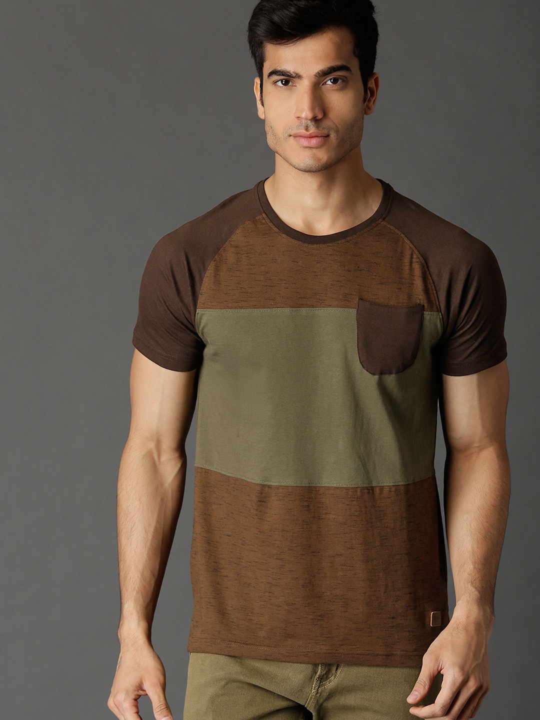 

Roadster Men Brown Colourblocked Round Neck T-shirt