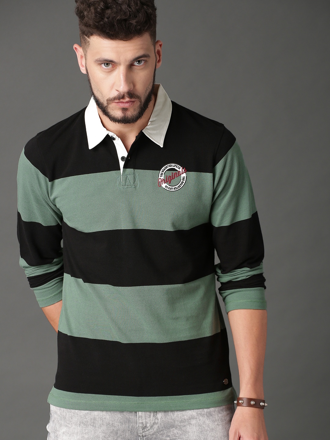 

Roadster Men Black Green Striped Polo Collar Pure Cotton T-shirt