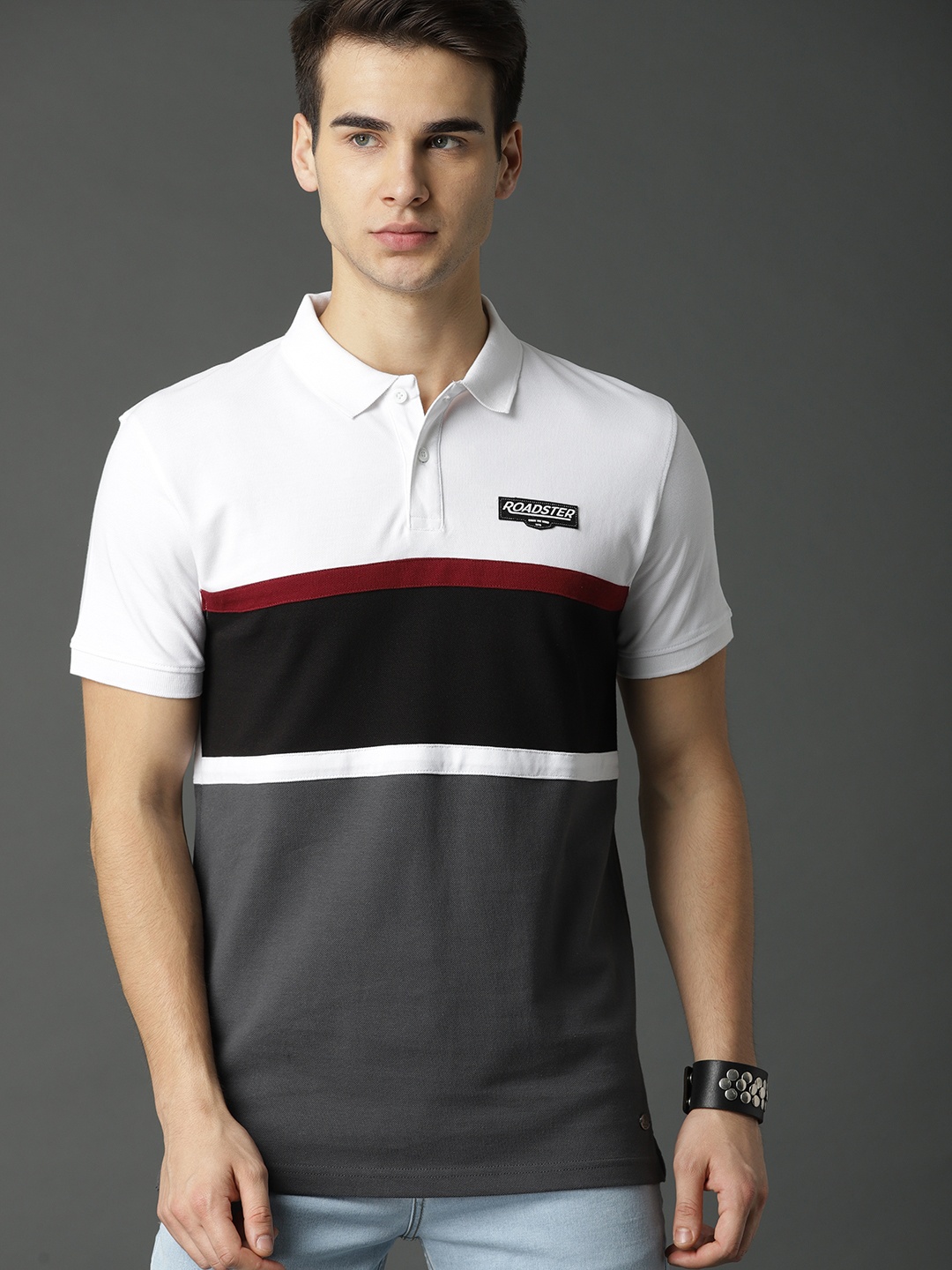 

Roadster Men White Charcoal Grey Colourblocked Polo Collar Pure Cotton T-shirt