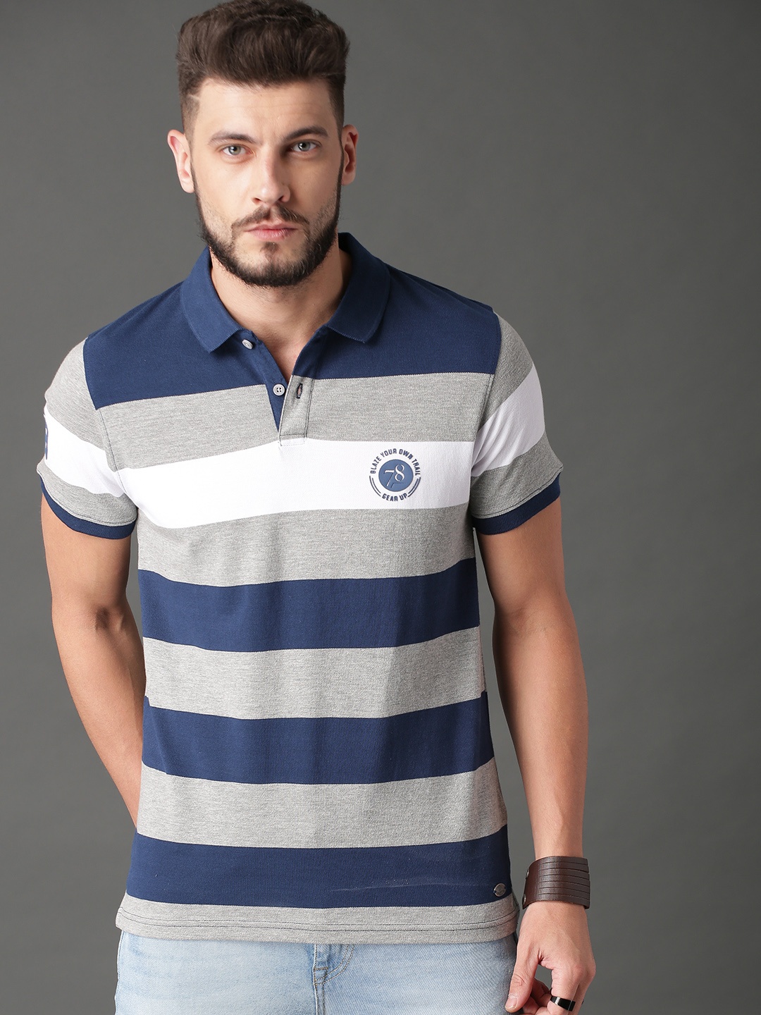 

Roadster Men Navy Blue Striped Polo Collar Pure Cotton T-shirt