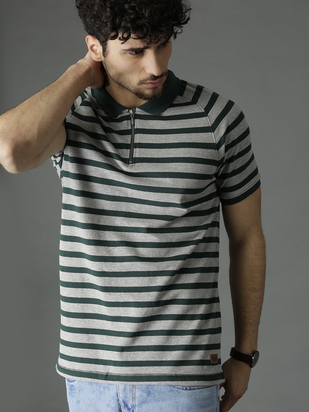

Roadster Men Grey Melange & Green Striped T-shirt