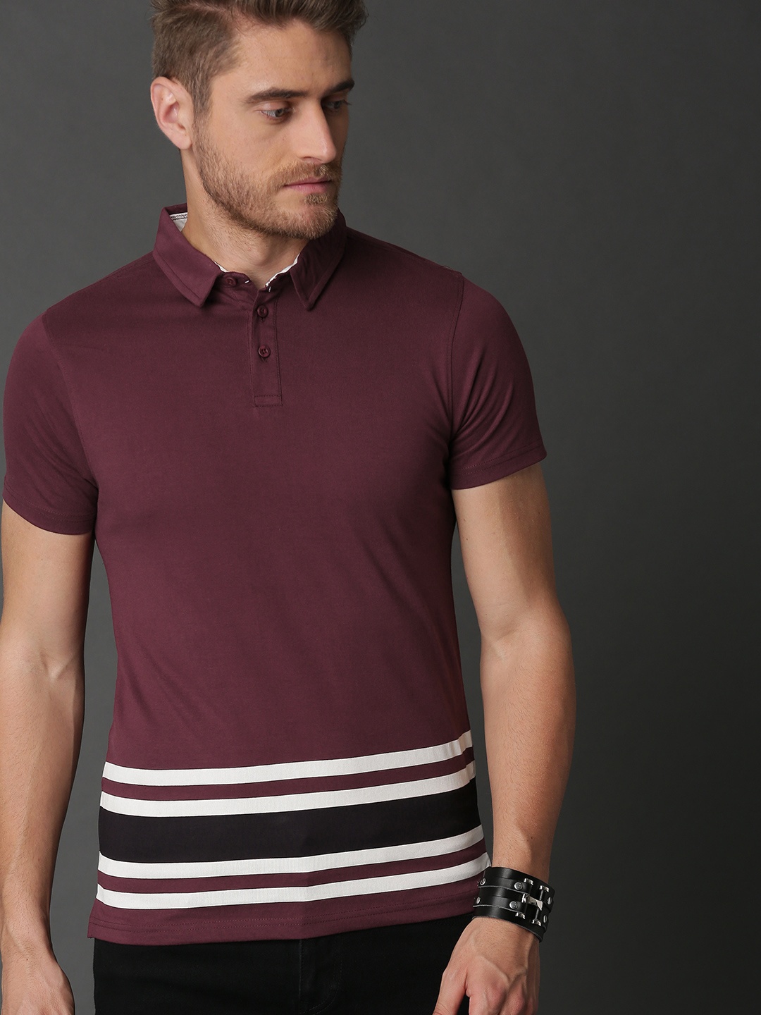 

Roadster Men Maroon Striped Polo Collar T-shirt