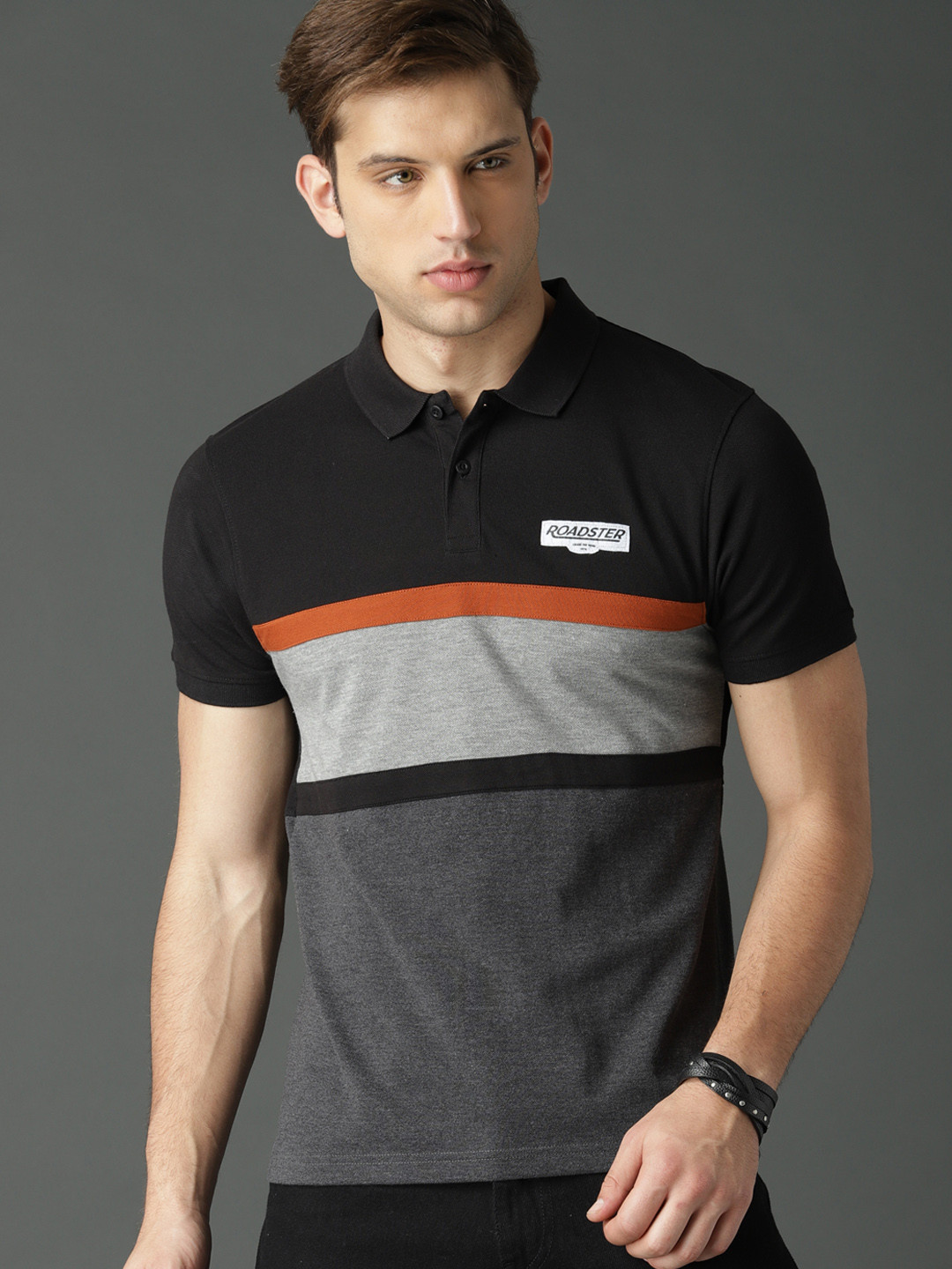 

Roadster Men Black & Grey Colourblocked Polo Collar T-shirt