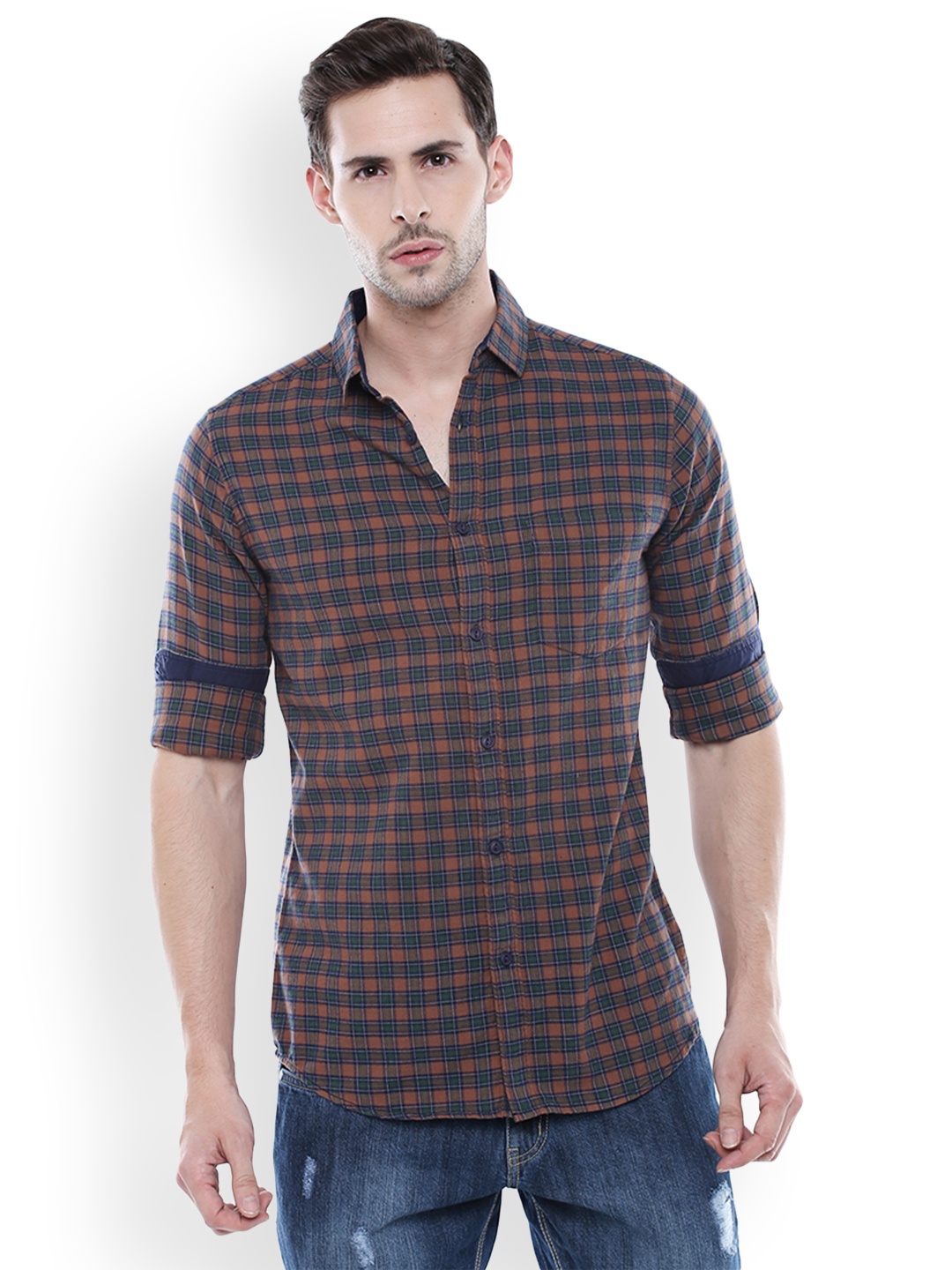 

Dennis Lingo Men Brown & Navy Blue Slim Fit Checked Casual Shirt