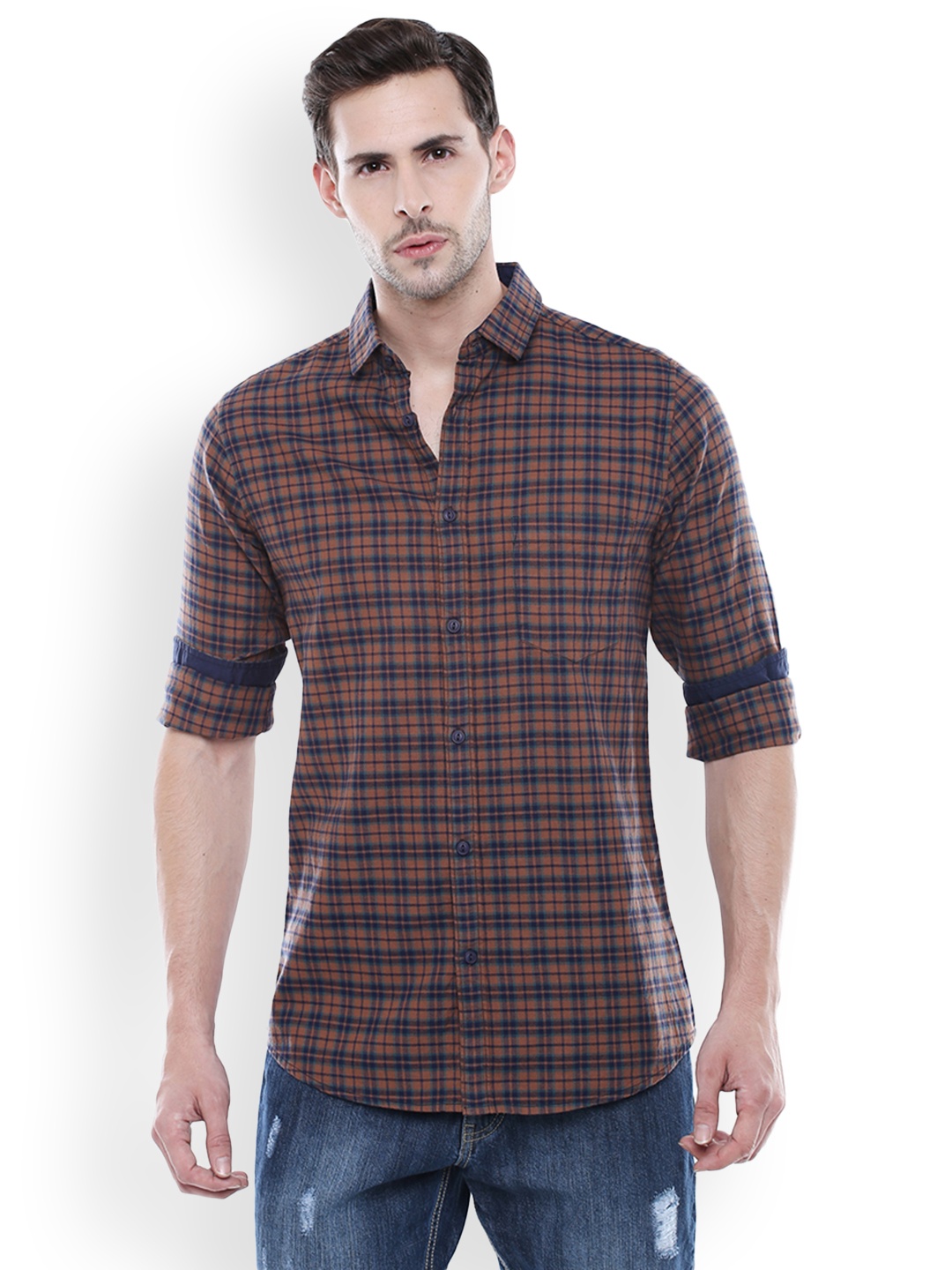 

Dennis Lingo Men Brown & Navy Blue Slim Fit Checked Casual Shirt