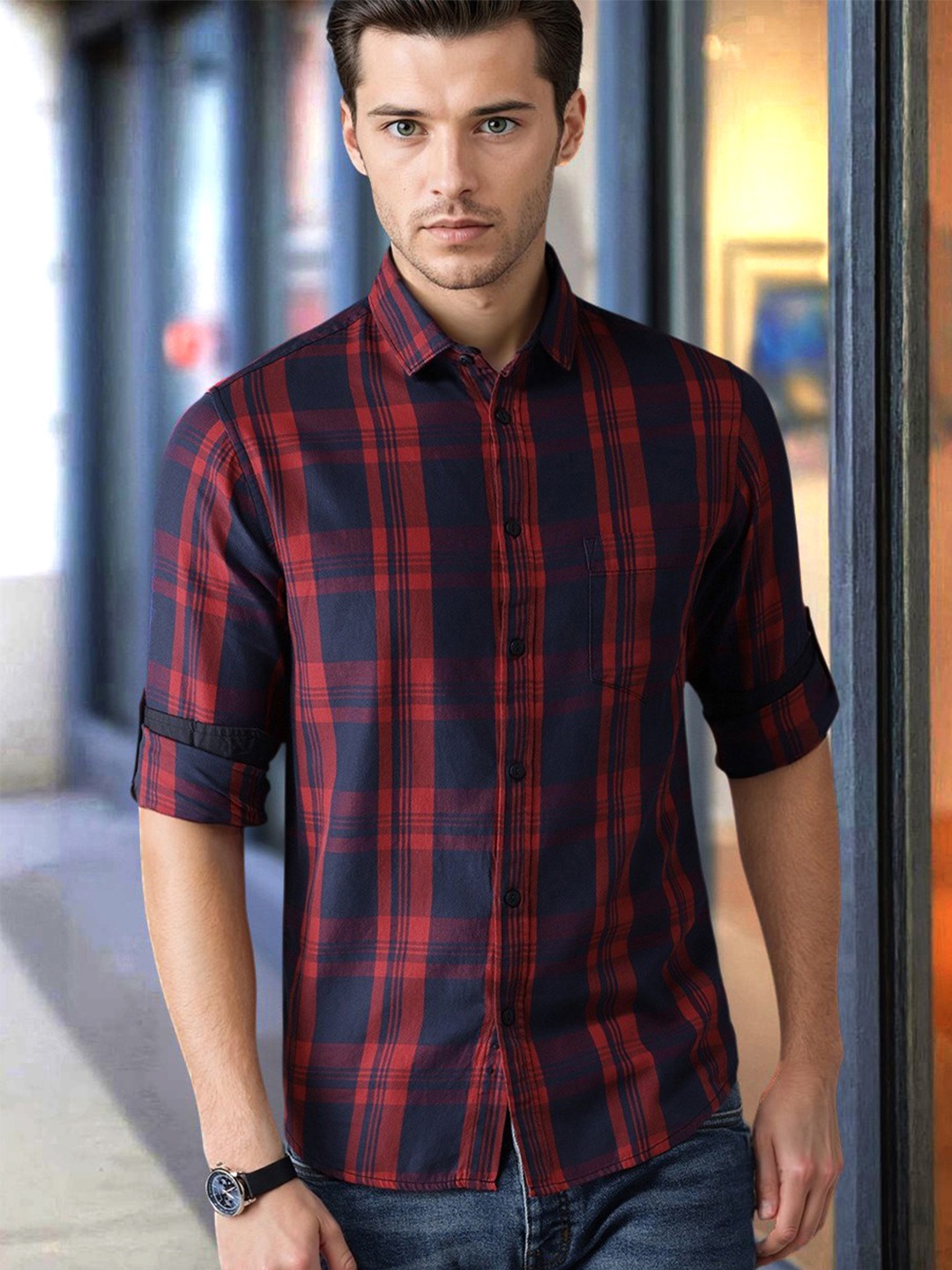 

Dennis Lingo Men Red & Navy Blue Slim Fit Checked Casual Shirt