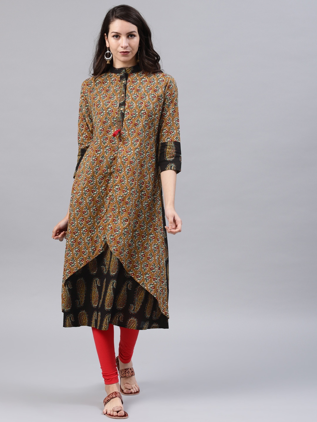 

Vishudh Women Mustard & Brown Printed A-Line Layered Kurta