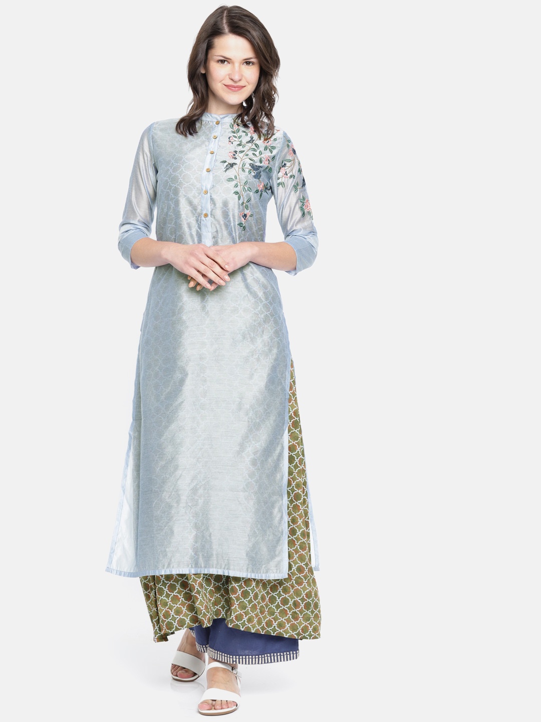

Vishudh Women Blue Embroidered A-Line Layered Kurta