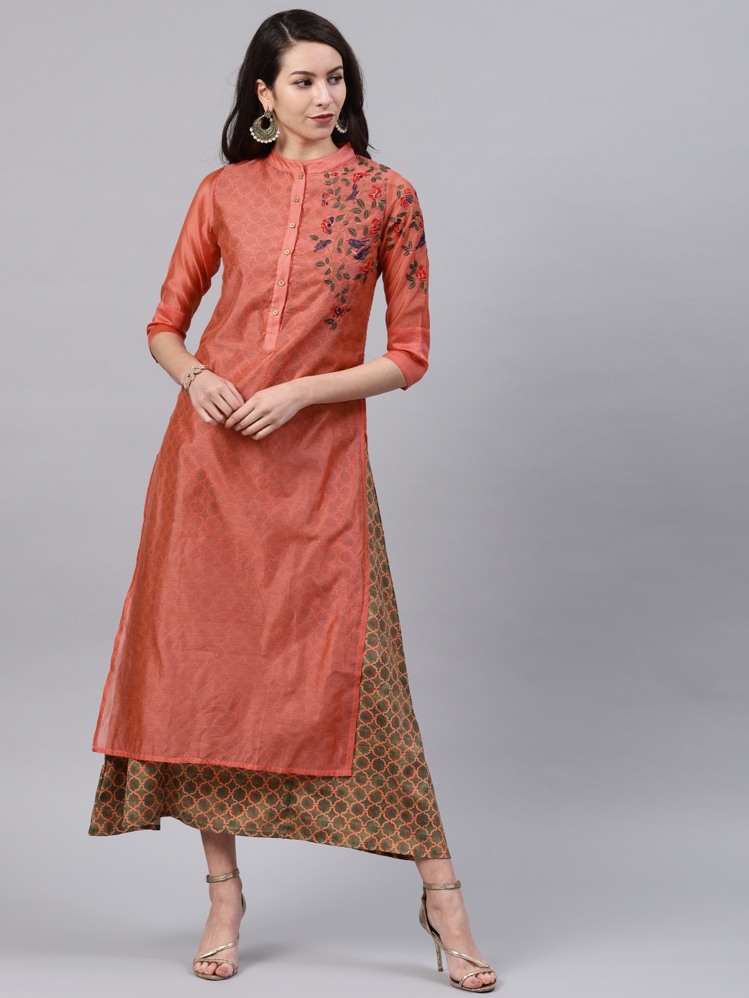 

Vishudh Women Pink Printed Embroidered A-Line Layered Kurta