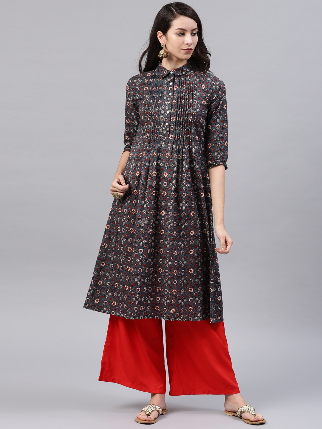 

Vishudh Women Blue & Brown Printed A-Line Kurta