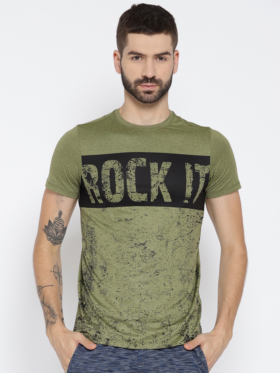 

rock.it Men Olive Green Printed Round Neck T-shirt