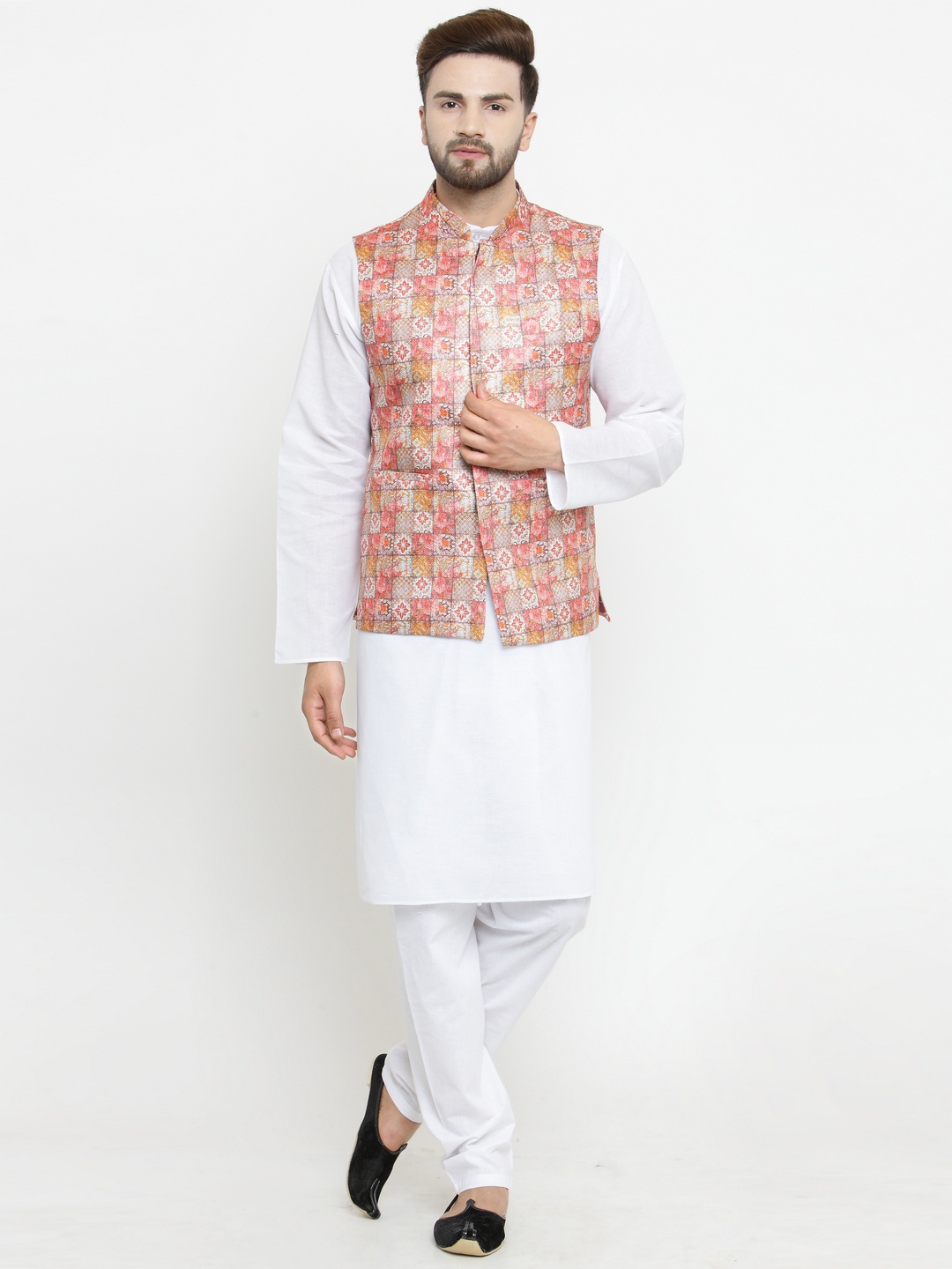 

LUXURAZI Men Pink & White Printed Nehru Jacket