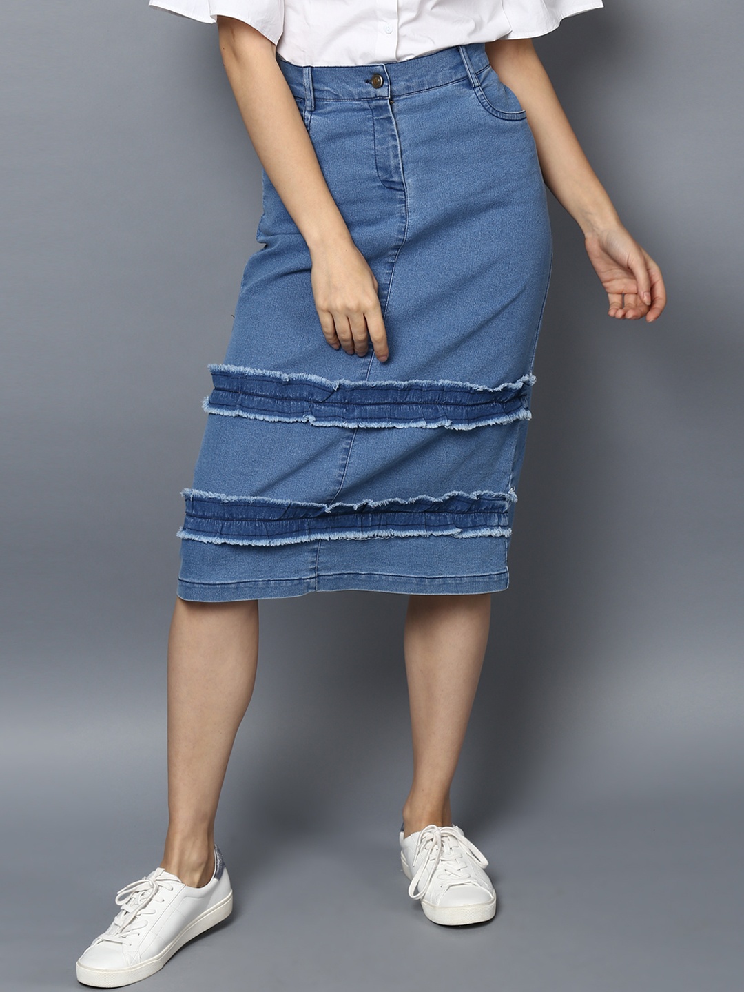 

StyleStone Women Blue Solid A-Line Denim Pencil Skirt