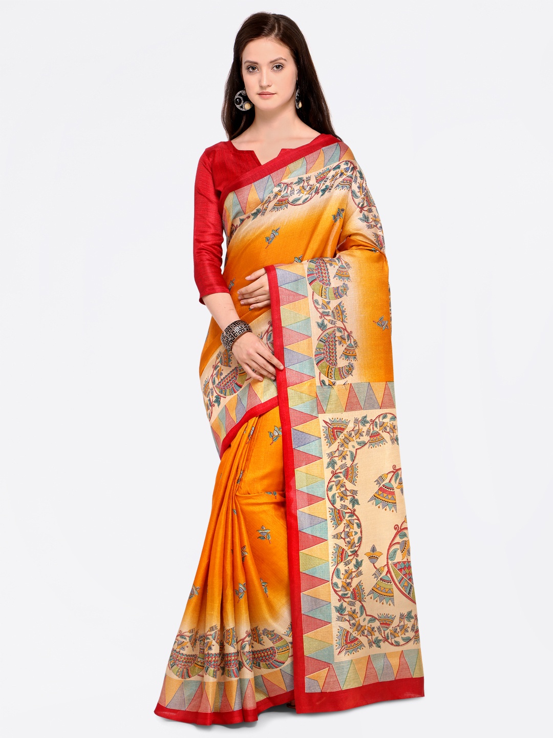 

Saree mall Orange & Red Art Silk Printed Bhagalpuri Saree