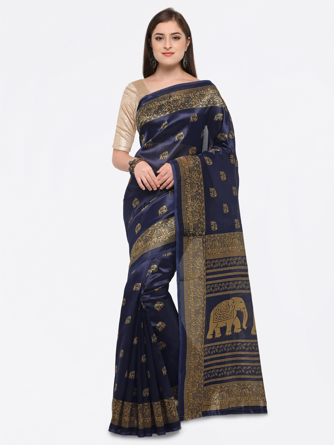 

Saree mall Navy Blue & Bronze-Toned Art Silk Printed Bhagalpuri Saree