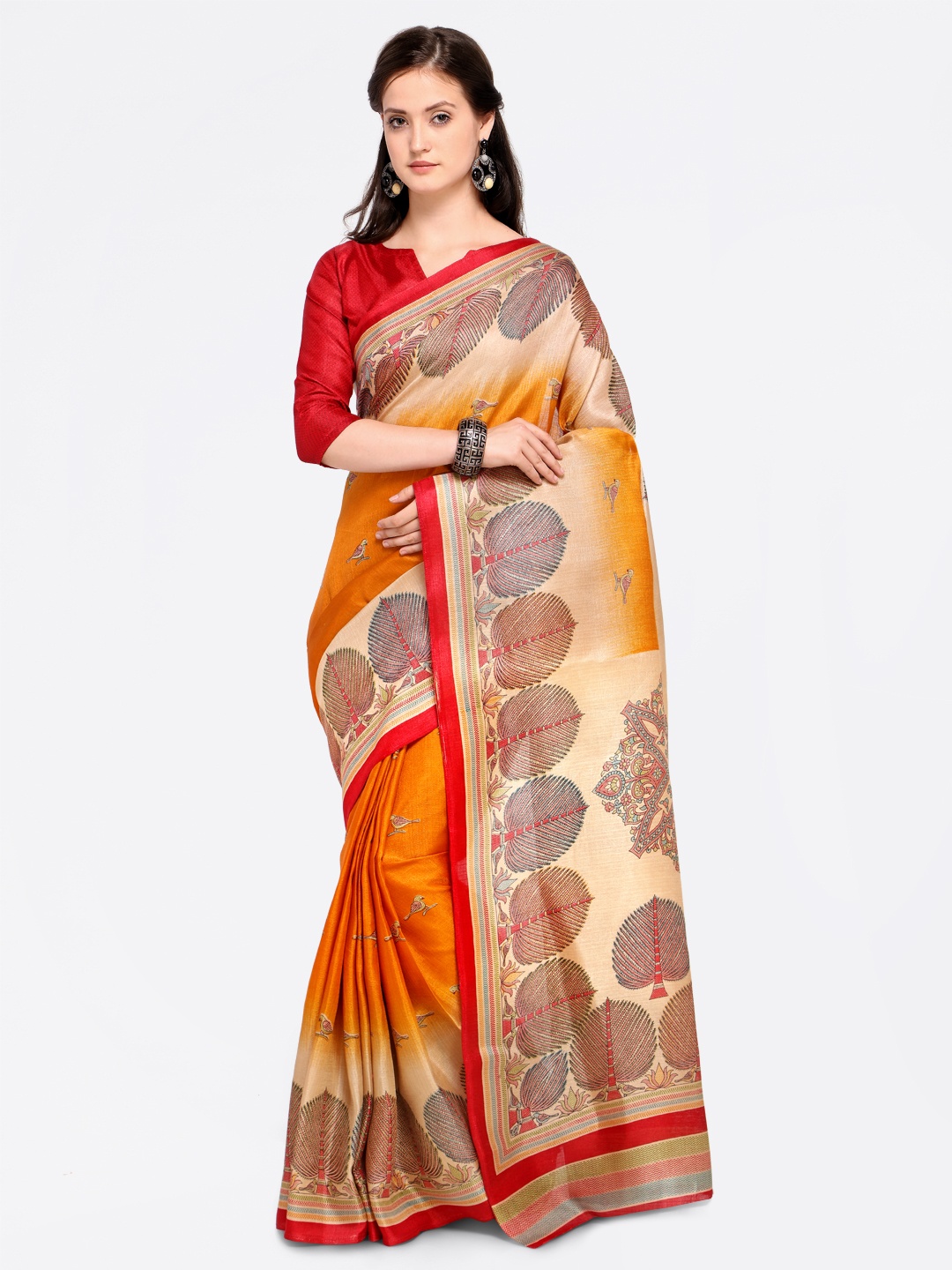 

Saree mall Orange Art Silk Printed Bhagalpuri Saree