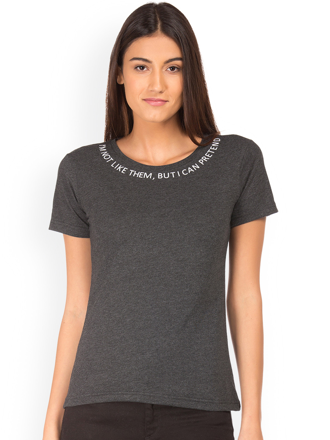 

Flying Machine Women Grey Printed Round Neck T-shirt