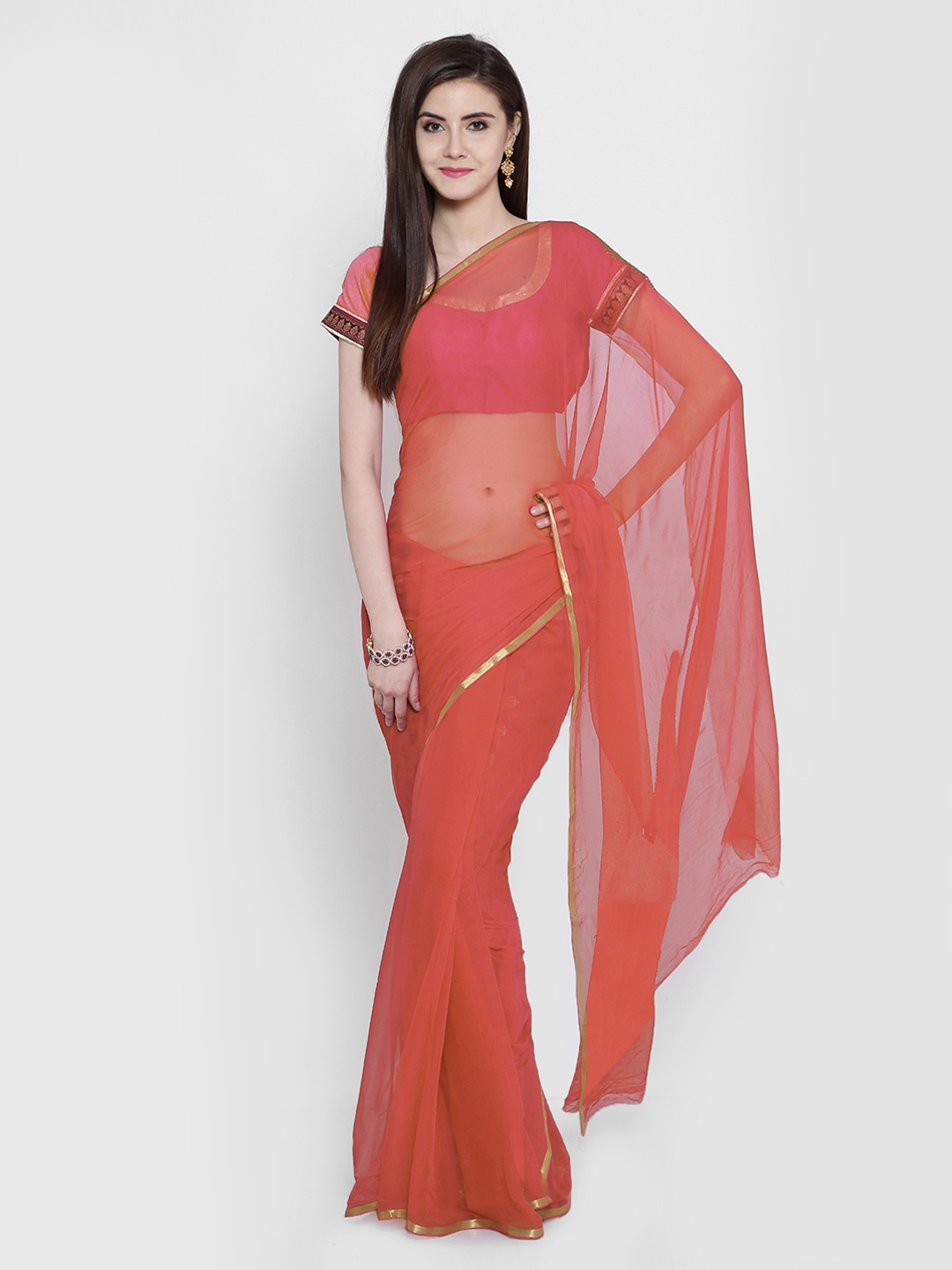 Chhabra 555 Pink Solid Poly Chiffon Saree