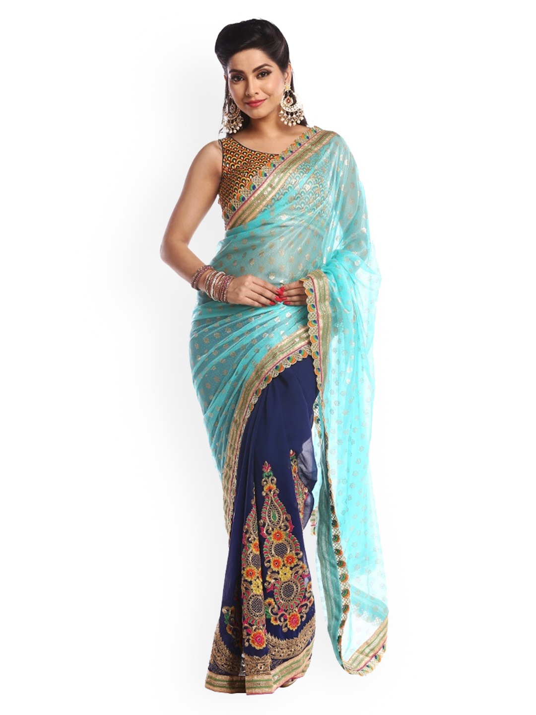 

Chhabra 555 Green & Blue Poly Georgette Embroidered Saree