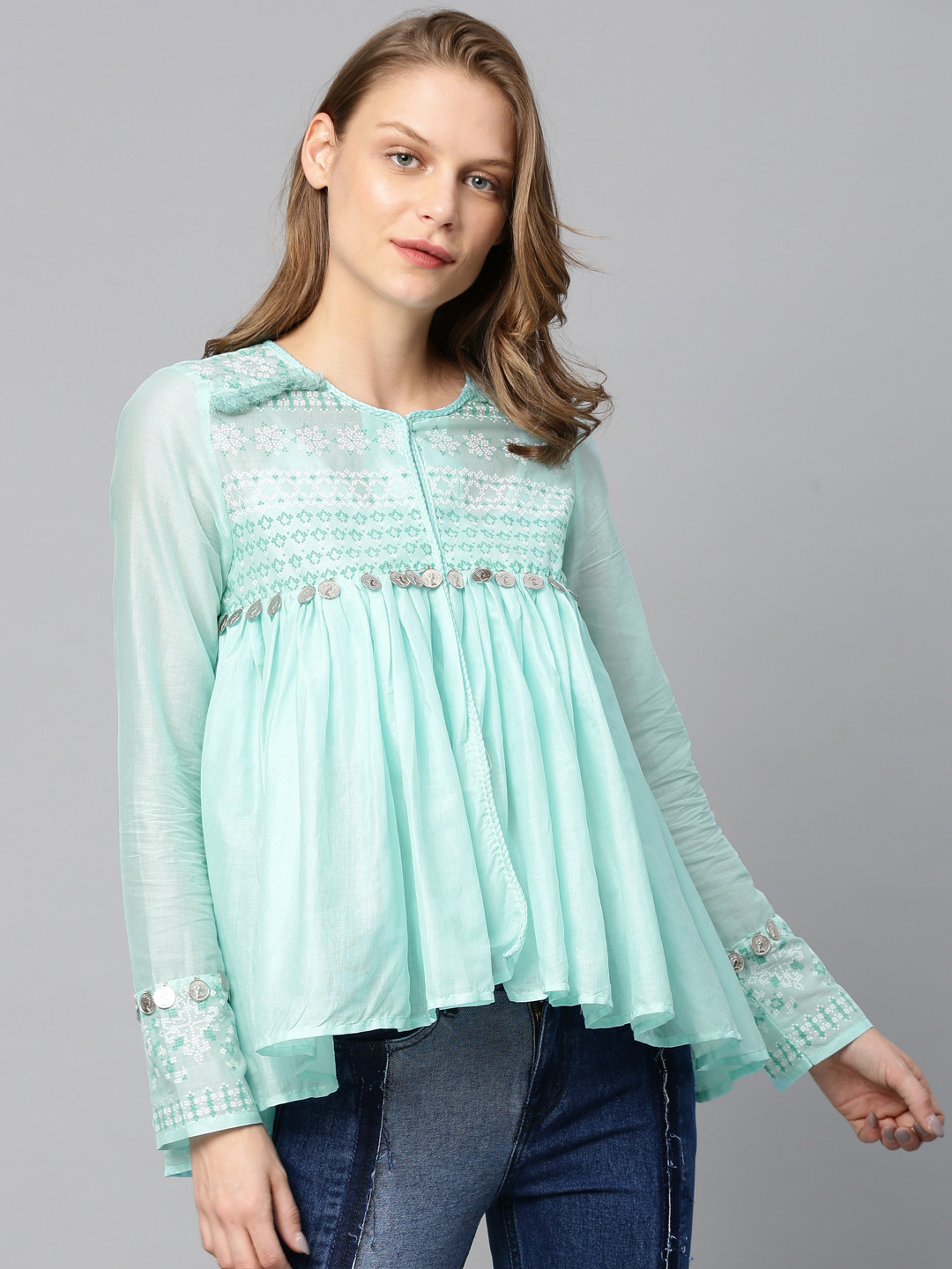 

Tokyo Talkies Women Blue Solid Pure Cotton Top