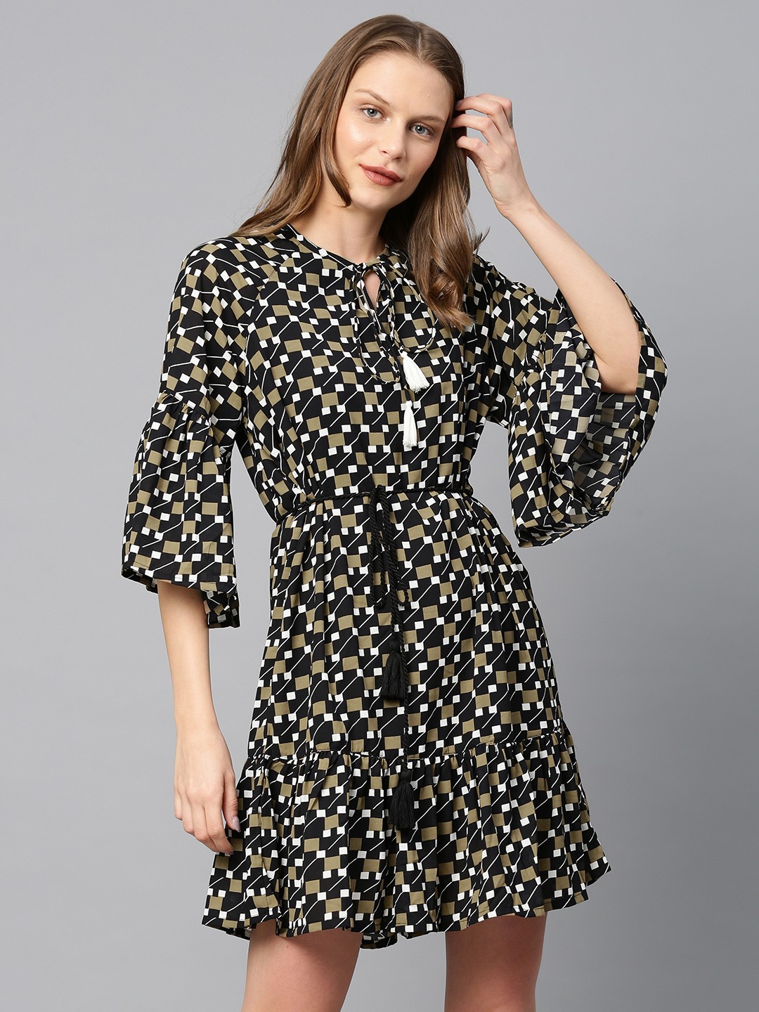 

Tokyo Talkies Women Black & Beige Printed Fit and Flare Dress