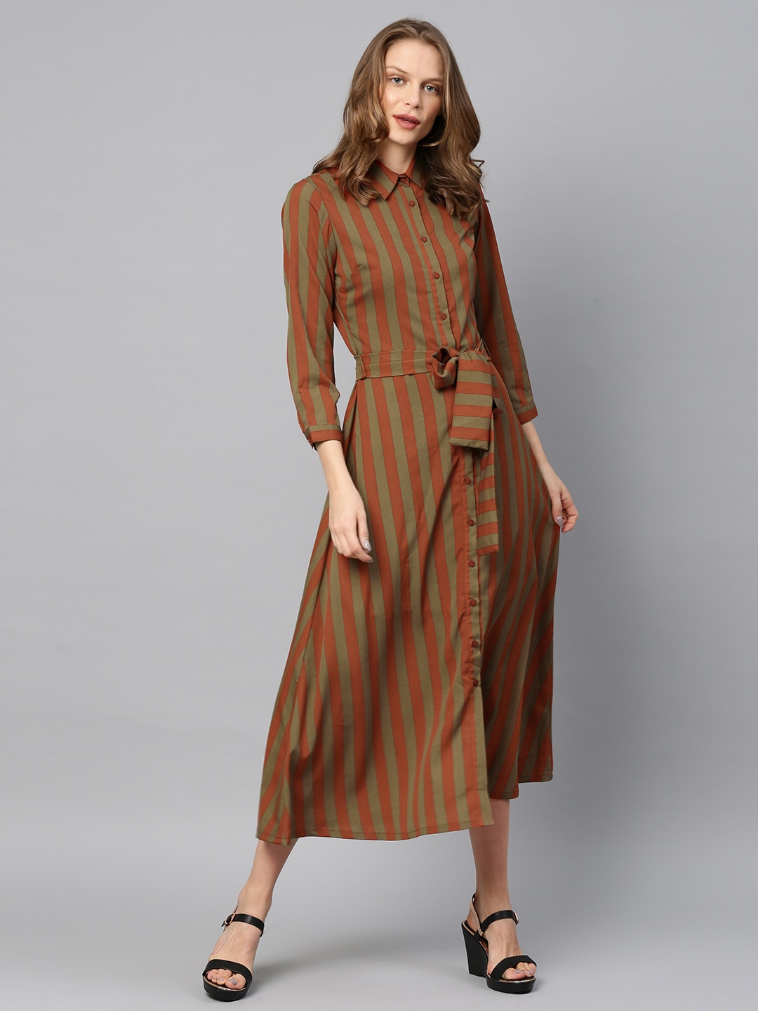 

Tokyo Talkies Women Rust Red & Green Striped Shirt Dress