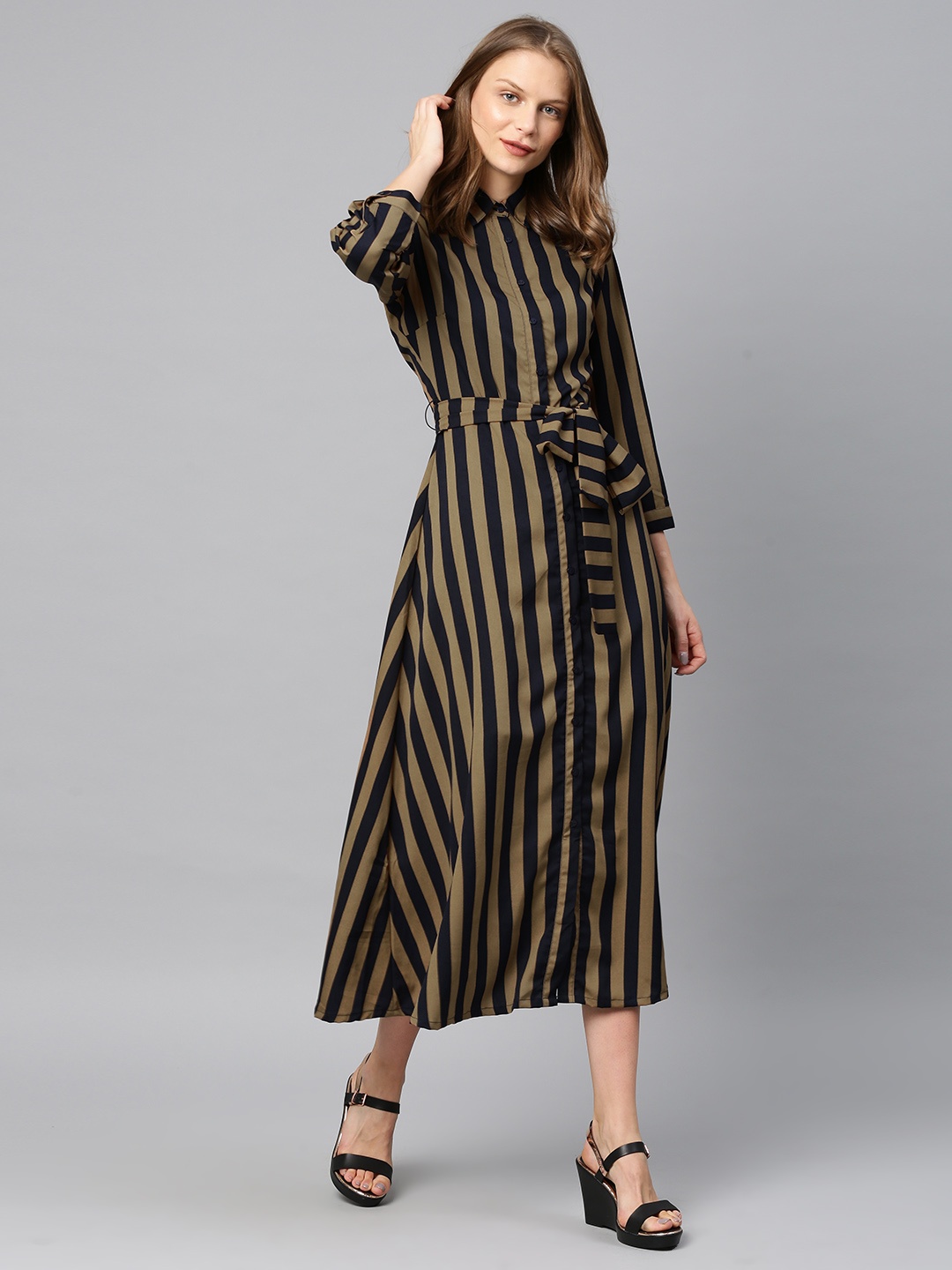 

Tokyo Talkies Women Brown & Navy Blue Striped Shirt Dress