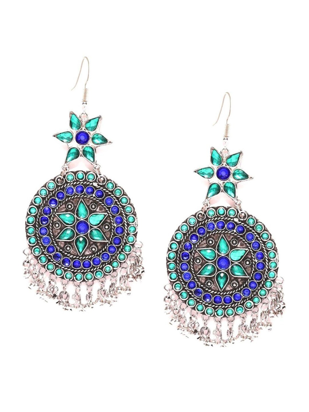 

Crunchy Fashion Blue & Silver-Toned Circular Drop Earrings